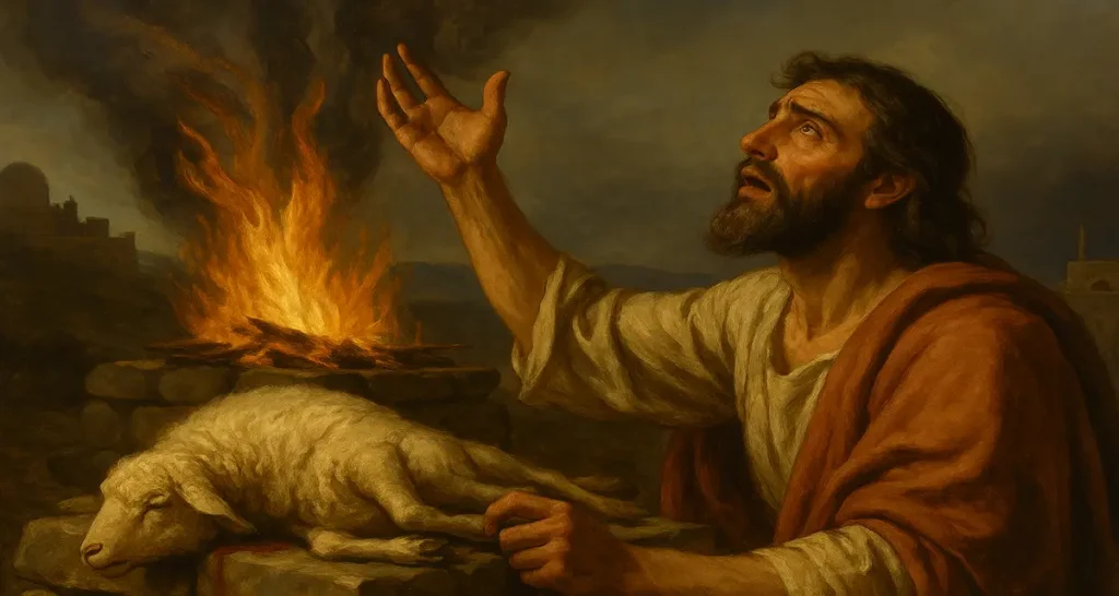 A solemn oil painting of a man gazing upward beside a burning altar with a lamb, evoking the dignity of sacrifice and the weight of eternal identity.
