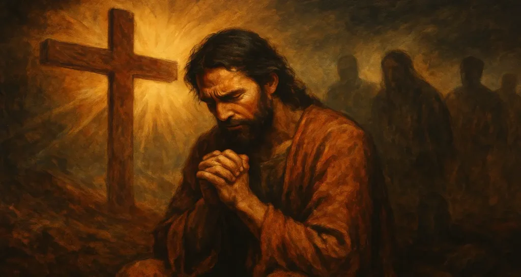 A solemn painting of Jesus kneeling in prayer beside a wooden cross glowing with radiant light, symbolizing endurance through suffering and divine strength amid darkness.