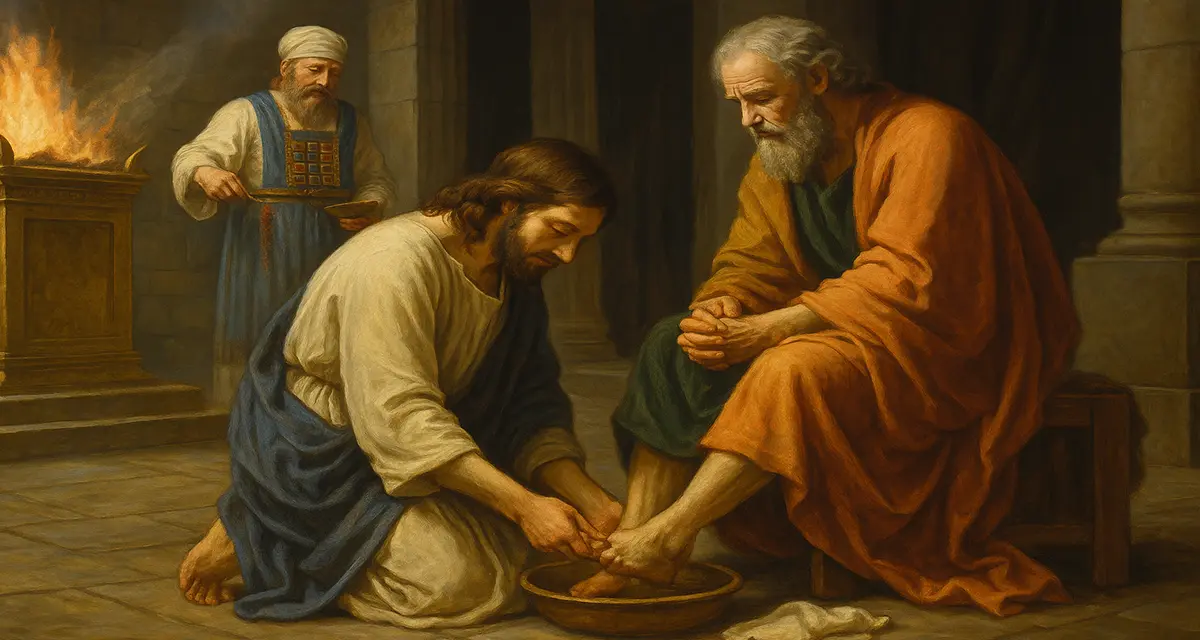 esus humbly washes Peter’s feet in a sacred temple setting, symbolizing daily spiritual cleansing, while a High Priest performs ritual atonement at the altar in the background.