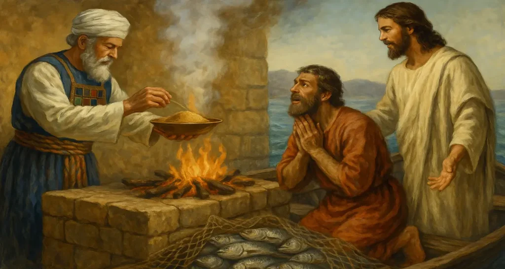 A traditional-style painting showing a priest in ancient Israelite garments offering grain over a burning altar, while nearby in the same scene, Jesus stands beside a kneeling fisherman on a boat filled with fish, symbolizing the connection between the Old Testament grain offering and the New Testament miracle of provision and spiritual awakening.