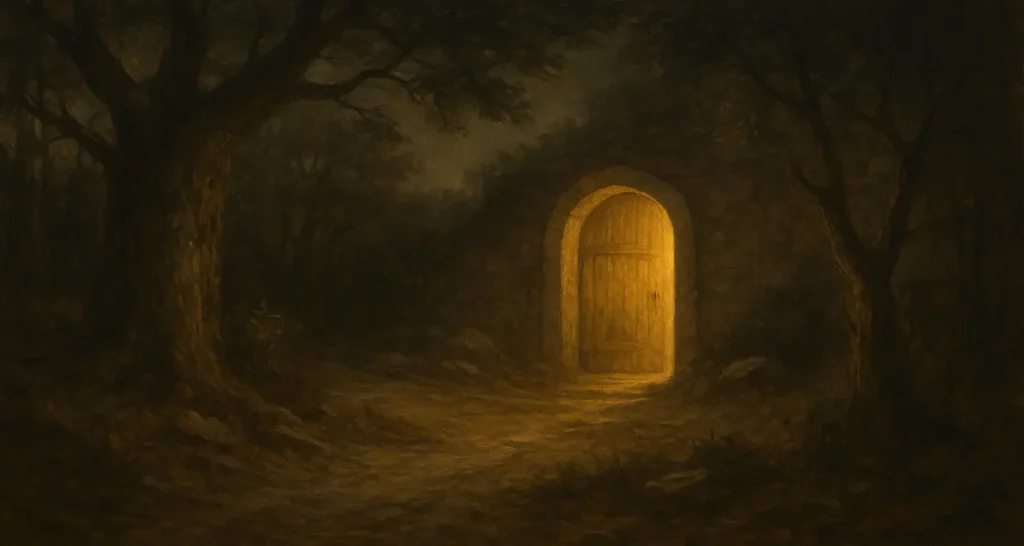 A peaceful yet dramatic landscape oil painting showing a winding path through misty hills, transitioning from dark shadows to warm, golden light—symbolizing the journey of the soul from hardness to healing, where remedy is still possible for the soft heart.