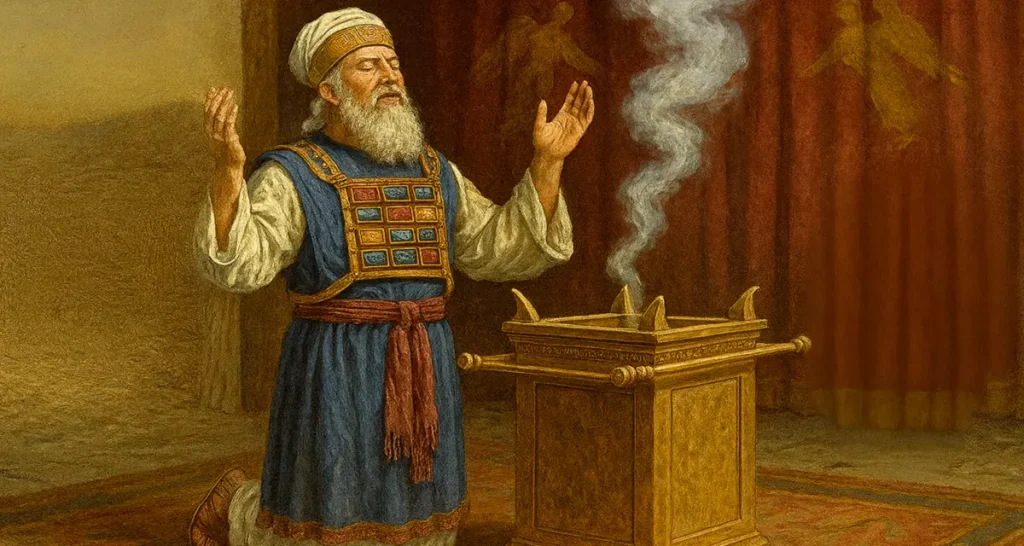 A traditional oil painting shows a high priest alone in the Holy of Holies, kneeling in prayer before the golden altar of incense. He wears a richly embroidered blue robe and jeweled breastplate, his hands raised reverently as fragrant smoke rises. The surrounding curtain glows warmly, emphasizing the solemn stillness of the moment. No one else is present, reflecting the sacred solitude and divine patience required for atonement.
