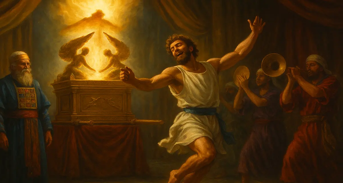 Traditional oil painting of King David dancing joyfully before the Ark of the Covenant, surrounded by musicians and a high priest, with radiant light emanating from above the mercy seat in the Holy of Holies setting.