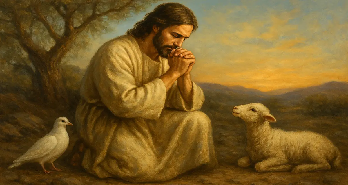 A peaceful scene of Jesus kneeling in prayer beneath an olive tree, accompanied by a gentle lamb and a descending dove, symbolizing humility, surrender, and sacrificial peace.