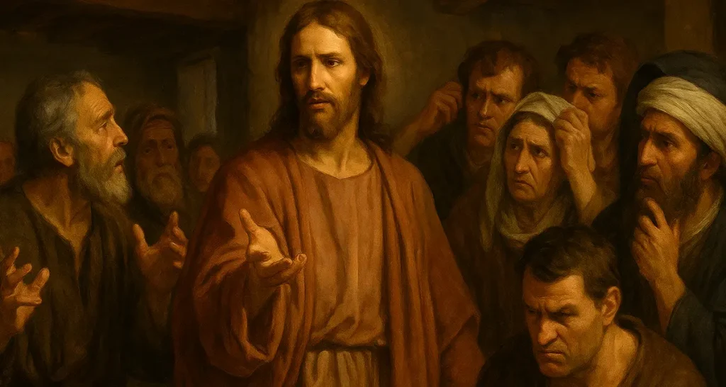 A traditional oil painting in Baroque style depicting Jesus in His hometown, addressing skeptical villagers in a dimly lit room. Their faces show confusion, resistance, and disbelief, capturing the tension of confronting truth within the illusion of familiarity and control.