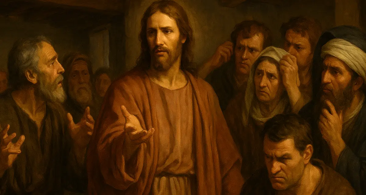 A traditional oil painting in Baroque style depicting Jesus in His hometown, addressing skeptical villagers in a dimly lit room. Their faces show confusion, resistance, and disbelief, capturing the tension of confronting truth within the illusion of familiarity and control.