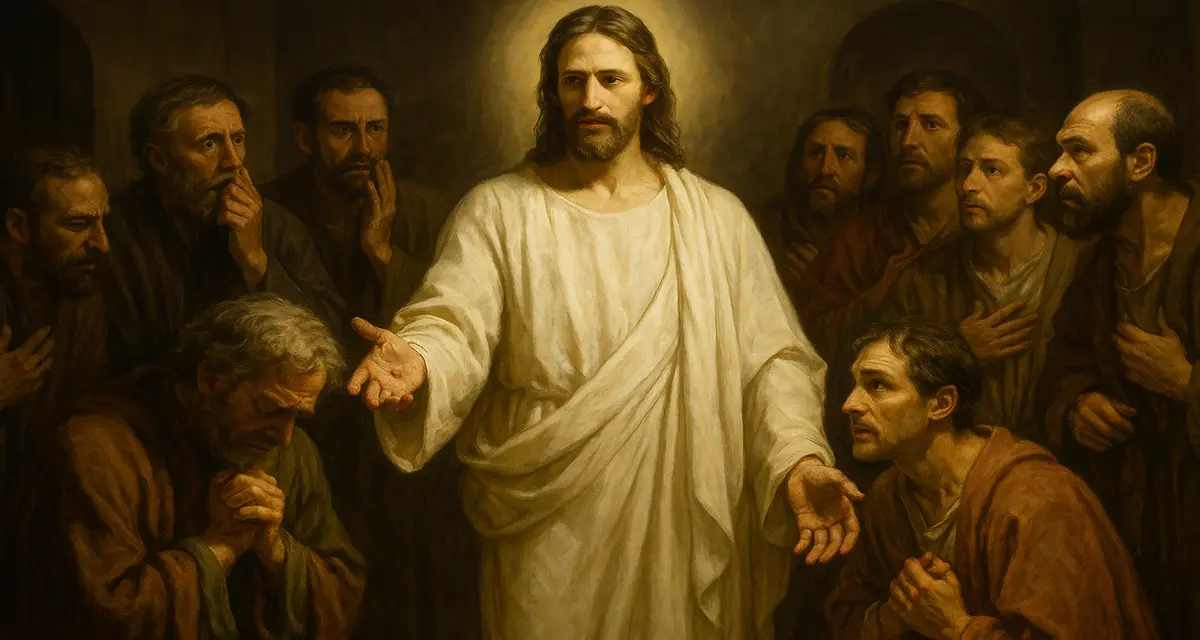 The resurrected Jesus stands glowing with gentle light at the center of a dimly lit room, surrounded by astonished disciples—His outstretched hands showing the wounds, as grace and peace break through their fear and doubt.
