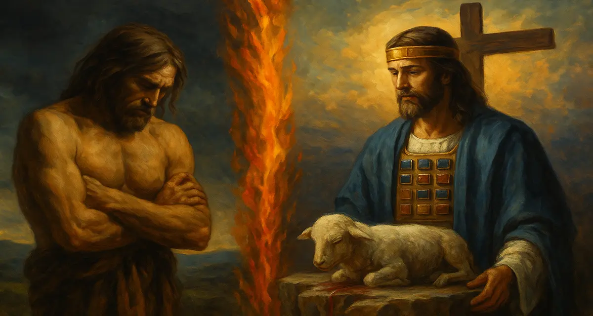 A traditional oil painting split by a vertical flame shows Adam in a stormy, barren landscape on the left, and Jesus as High Priest with a crucified lamb and radiant light on the right—symbolizing mercy holding back judgment through the eternal sacrifice.