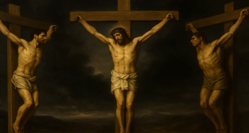 An oil painting of the crucifixion shows Jesus on the cross with arms outstretched between two thieves, both also crucified with nails through their hands. One thief gazes toward Jesus in remorse, while the other turns away in defiance. Dark clouds gather in the sky, underscoring the weight of judgment and the silent offer of mercy.