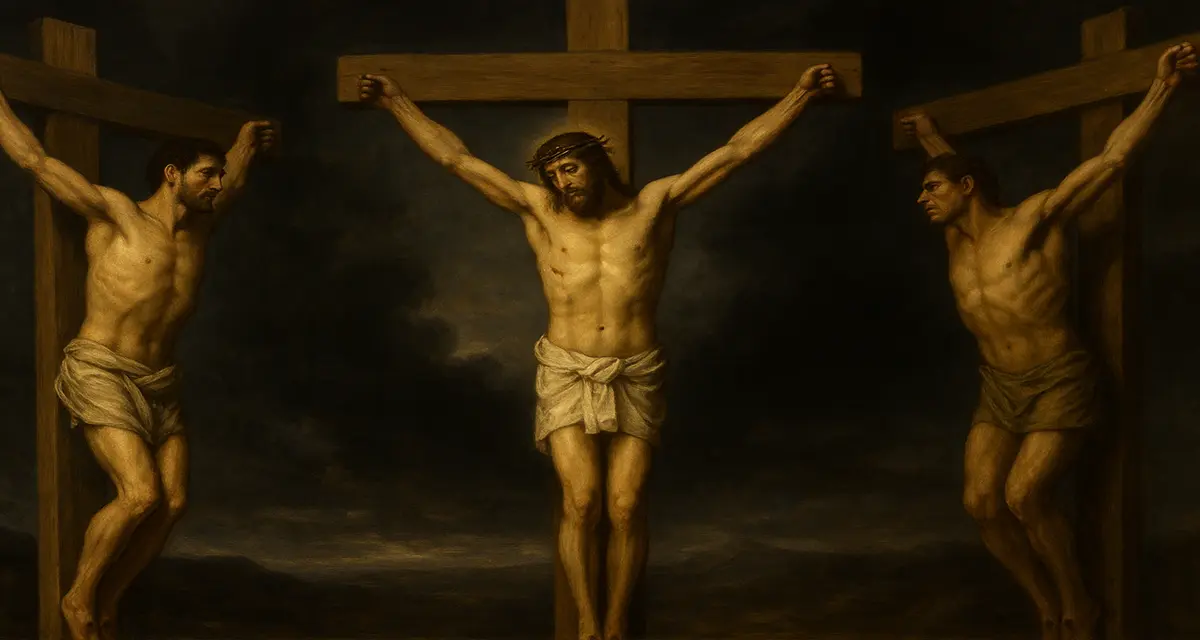 An oil painting of the crucifixion shows Jesus on the cross with arms outstretched between two thieves, both also crucified with nails through their hands. One thief gazes toward Jesus in remorse, while the other turns away in defiance. Dark clouds gather in the sky, underscoring the weight of judgment and the silent offer of mercy.