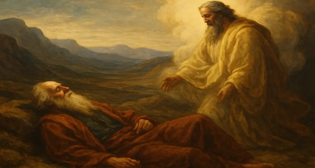 A traditional-style painting of Moses lying peacefully in death on a hillside, bathed in warm golden light, with a divine figure standing over him in flowing robes, surrounded by serene mountains and a quiet, reverent atmosphere.