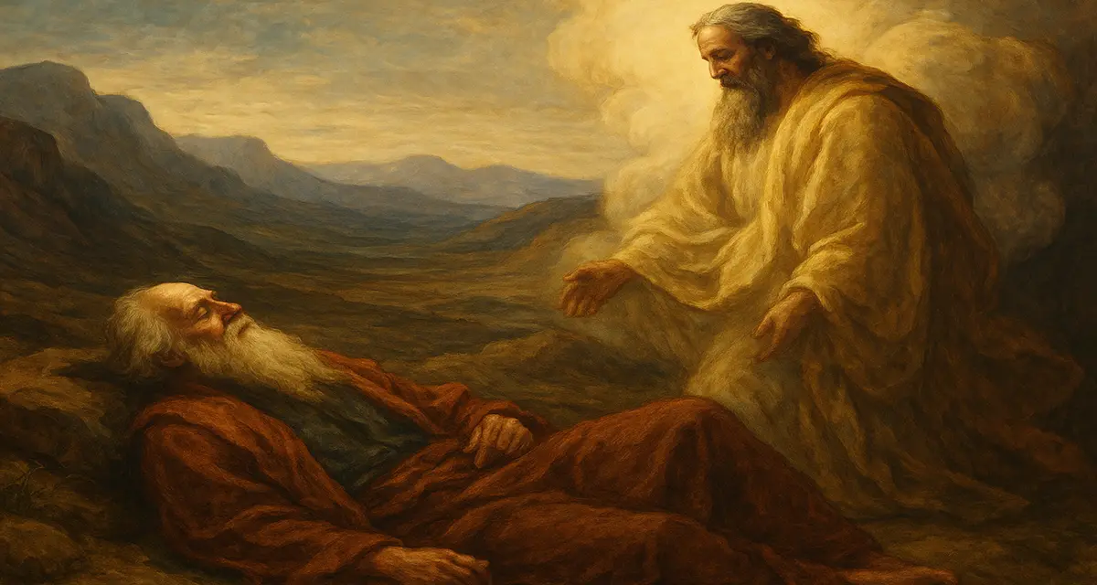 A traditional-style painting of Moses lying peacefully in death on a hillside, bathed in warm golden light, with a divine figure standing over him in flowing robes, surrounded by serene mountains and a quiet, reverent atmosphere.