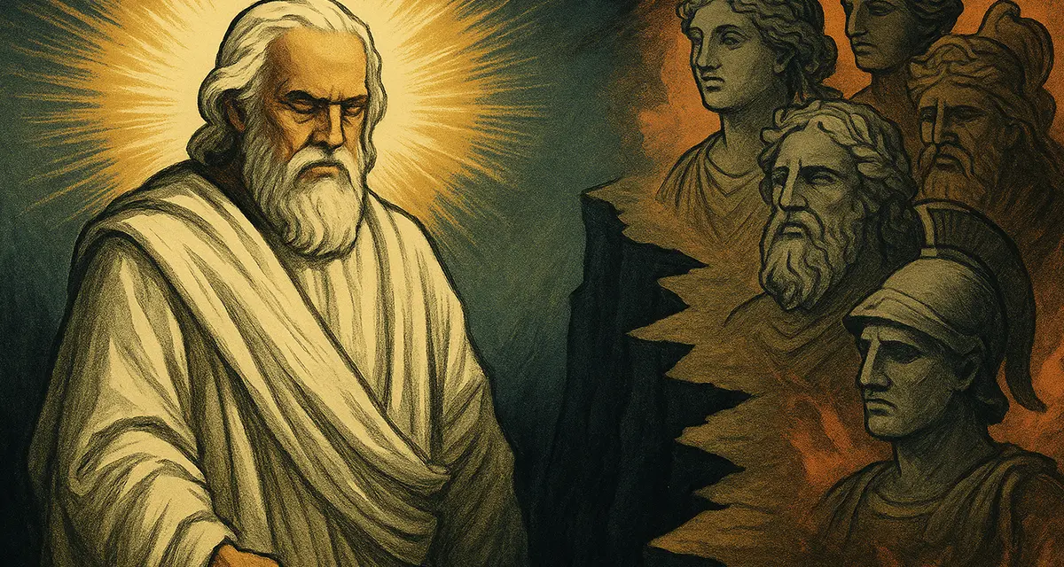 An illustration depicting the one true God as a radiant, solemn figure clothed in white, standing on one side of a dark chasm, facing a group of shadowy pagan deities carved in stone, symbolizing the stark contrast between divine truth and false gods.