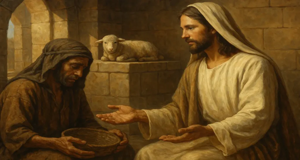 Jesus extends His hand toward a poor man holding an empty basket, while a lamb rests on an altar nearby—symbolizing the peace offering fulfilled in Christ for those who cannot bring one themselves.