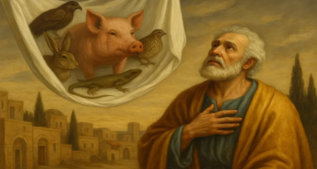 A traditional-style painting of Saint Peter looking upward in awe at a vision of unclean animals—including a pig, hare, lizard, and birds—suspended in a white cloth from heaven, set against an ancient cityscape backdrop: the uncleanliness of pork meat