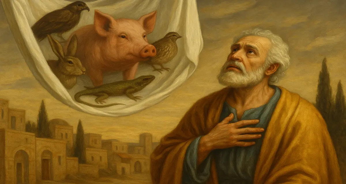 A traditional-style painting of Saint Peter looking upward in awe at a vision of unclean animals—including a pig, hare, lizard, and birds—suspended in a white cloth from heaven, set against an ancient cityscape backdrop: the uncleanliness of pork meat