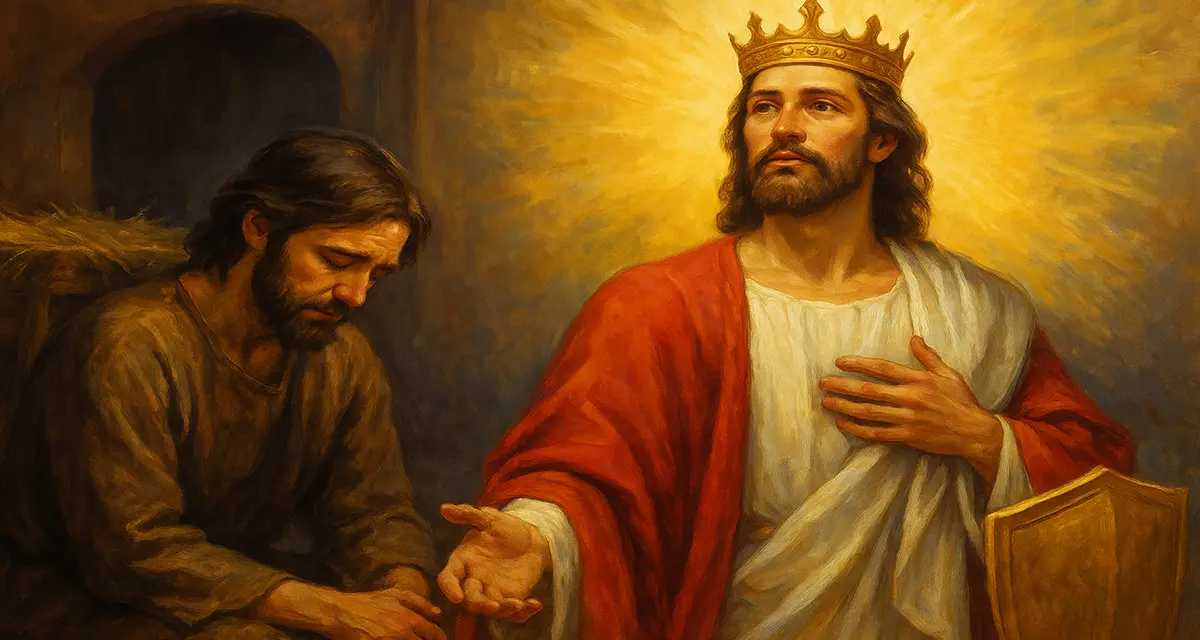 A traditional-style painting showing Jesus in two contrasting forms—on the left, in poverty and sorrow, seated in humble clothing with a bowed head; on the right, in radiant glory, crowned and robed in majesty—symbolizing the journey from poverty to exaltation.