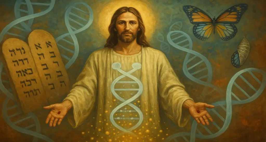 A traditional-style painting of Jesus Christ wearing flowing robes, displaying the stigmata on His hands. He is surrounded by protein, glowing DNA helixes, golden light particles, ancient Hebrew scrolls representing the Law, and a butterfly symbolizing transformation—all set against a warm, radiant background evoking divine presence and renewal.