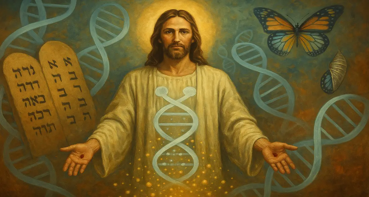 A traditional-style painting of Jesus Christ wearing flowing robes, displaying the stigmata on His hands. He is surrounded by protein, glowing DNA helixes, golden light particles, ancient Hebrew scrolls representing the Law, and a butterfly symbolizing transformation—all set against a warm, radiant background evoking divine presence and renewal.