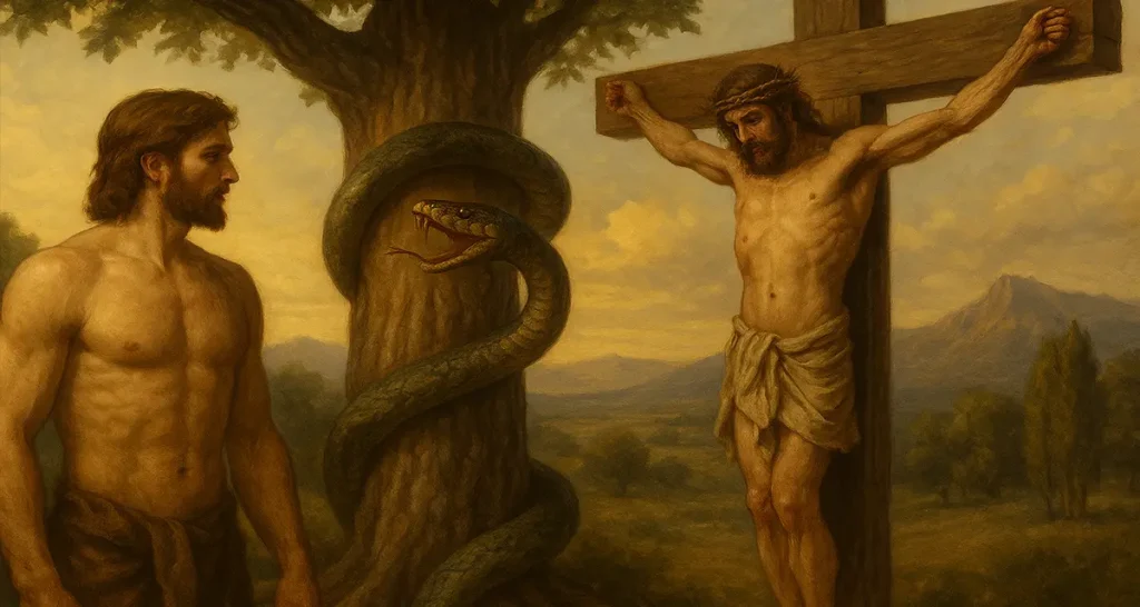A symbolic depiction of the image of God—Adam stands opposite the crucified Christ, separated by a coiled serpent around a tree, portraying the fall and redemption of humanity through the contrast between creation and the cross.