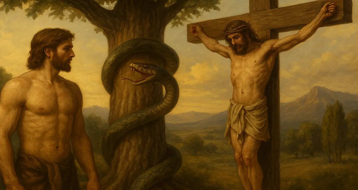 A symbolic depiction of the image of God—Adam stands opposite the crucified Christ, separated by a coiled serpent around a tree, portraying the fall and redemption of humanity through the contrast between creation and the cross.