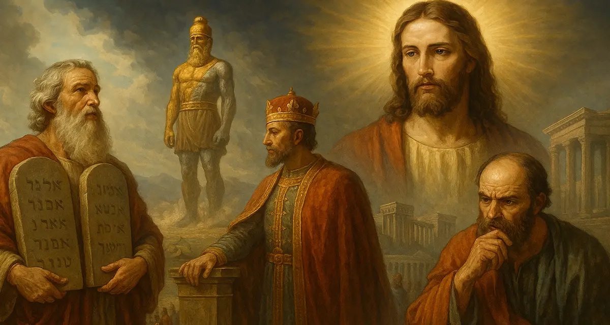 Illustration depicting the progressive revelation of the one true God—Moses with the tablets at Sinai, a king before a golden statue, Paul reflecting in thought, and Christ illuminated in divine light—symbolizing covenant, prophecy, and fulfillment across history.