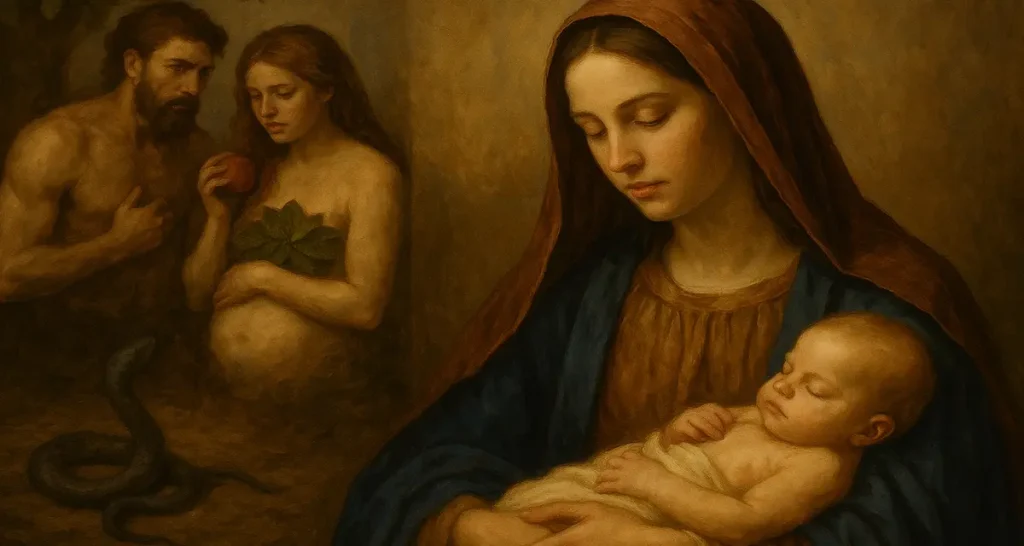 “The Seed of the Woman” — A classical oil-style painting showing a solemn Virgin Mary cradling the infant Jesus in the foreground, while Adam and Eve stand under the tree in the background. Eve, modestly covered with fig leaves, holds the forbidden fruit, as the serpent coils near her feet. The image captures the contrast between the Fall and the Incarnation, illustrating the promise of redemption through the seed of the woman.