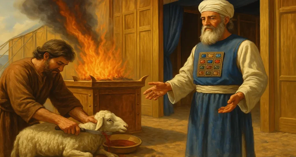 Realistic painting depicting an Old Testament priest in blue garments overseeing a lamb sacrifice at the bronze altar near the **Tabernacle door**, with fire and smoke rising, and the golden sanctuary tent in the background.