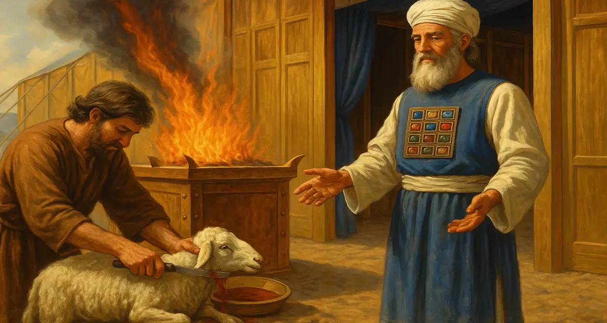Realistic painting depicting an Old Testament priest in blue garments overseeing a lamb sacrifice at the bronze altar near the **Tabernacle door**, with fire and smoke rising, and the golden sanctuary tent in the background.