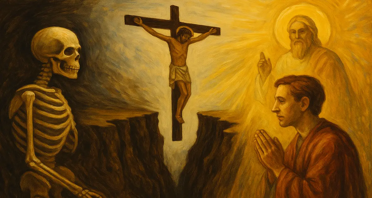 Traditional symbolic painting showing the tension between life, death, and holiness: on the left, a skeleton representing death; in the center, Jesus crucified over a chasm bridging death and life; and on the right, a praying man before a radiant God, embodying the restored path to holiness.