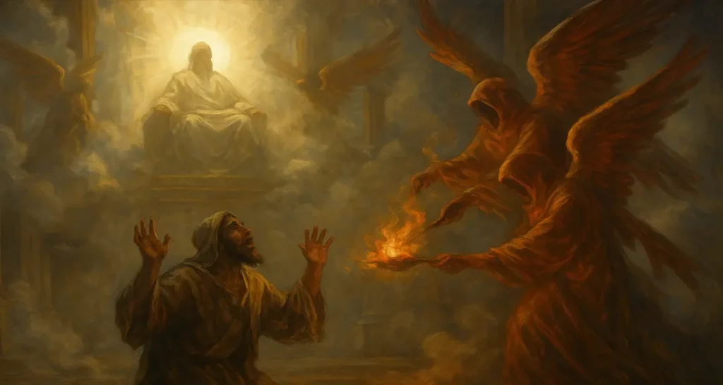 A majestic throne room scene with a glowing divine presence on a high throne, a kneeling figure in awe below, fiery seraphim holding a coal, and massive columns fading into smoky light—symbolizing the unshakable foundation of the Lamb in divine redemption.