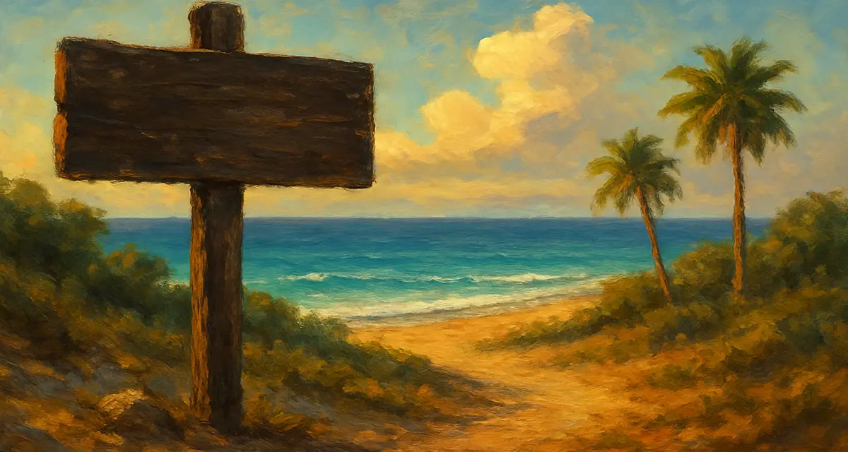 A weathered wooden signpost stands in the foreground of a sunlit tropical shoreline, symbolizing theology as a pointer—not the destination—along a golden path that leads to clear blue waters and palm trees swaying under a radiant sky.