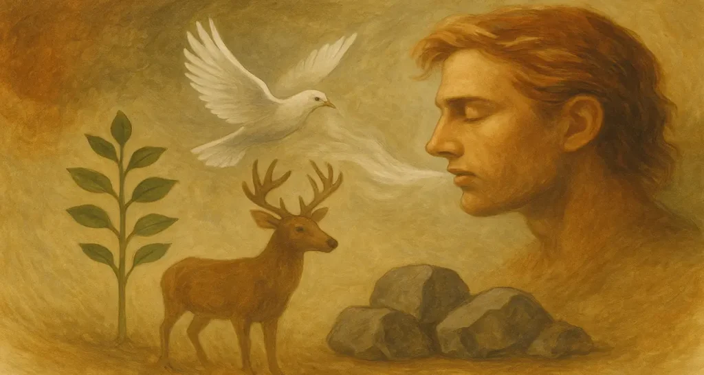 A symbolic painting illustrating the concept of life across creation: a serene human figure exhales breath toward a white dove, a deer, a green plant, and a cluster of rocks—each representing different realms of life, spirit, and existence, unified under God's sustaining breath.