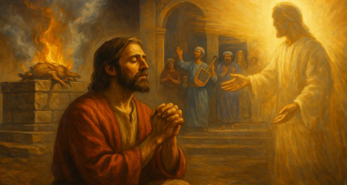 A reverent painting depicting a man kneeling in prayer before a glowing divine figure, with a sacrificial altar burning behind him and temple musicians worshiping in the background — symbolizing true worship, sacrifice, and divine communion.