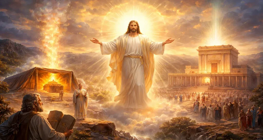 A radiant depiction of God’s presence shown through a glowing Christ-like figure between the wilderness tabernacle and the Jerusalem temple, surrounded by light, cloud, and worshippers, symbolizing divine dwelling among His people.
