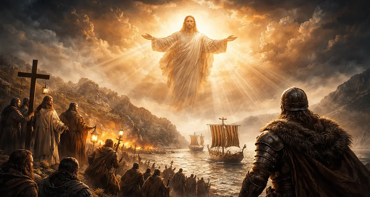 A dramatic scene depicting God’s sovereignty in history, showing Viking warriors arriving on shore as a radiant, heavenly figure of Christ appears above them, with monks holding lanterns and crosses watching from the hillside under glowing, stormy skies.
