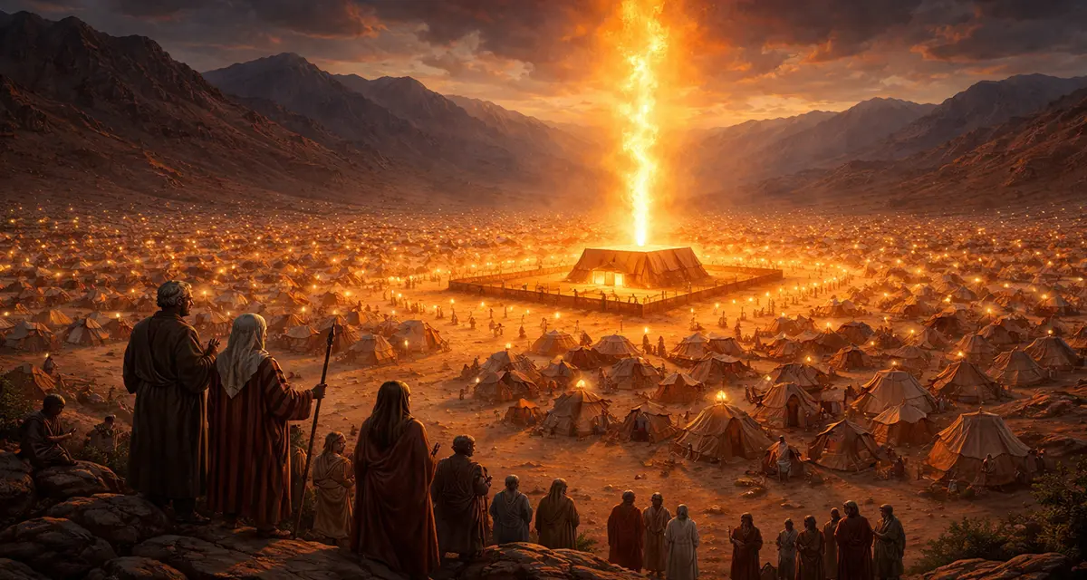 A vast wilderness encampment of Israel at dusk, with the Tabernacle glowing at the center and a towering pillar of fire rising above it, surrounded by orderly rows of tents stretching across the desert landscape.