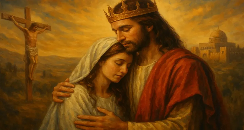 A traditional oil-style painting of Jesus Christ tenderly embracing a woman who symbolizes the Bride of Christ, both bathed in golden light. Jesus wears a crown and red robe, while the woman is clothed in white with a veil, resting peacefully against His chest. In the background, the crucifixion scene and an ancient cityscape evoke themes of sacrifice, love, and union.