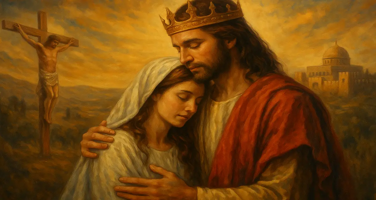 A traditional oil-style painting of Jesus Christ tenderly embracing a woman who symbolizes the Bride of Christ, both bathed in golden light. Jesus wears a crown and red robe, while the woman is clothed in white with a veil, resting peacefully against His chest. In the background, the crucifixion scene and an ancient cityscape evoke themes of sacrifice, love, and union.