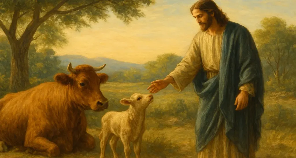 A traditional pastoral painting depicting the character of God through compassion: a serene landscape shows a cow resting beside her calf, while a gentle, divine figure in soft robes extends His hand tenderly toward the young animal, symbolizing mercy, protection, and the sacredness of life.