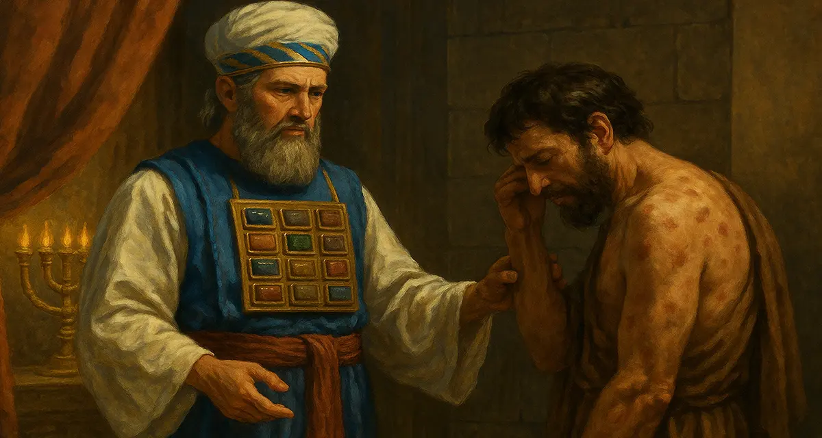A traditional oil painting depicting the biblical theme of uncleanness in Scripture. An ancient Israelite priest in blue and gold robes examines a sorrowful man marked by visible sores, symbolizing hidden defilement. The setting evokes a sacred temple space, with warm lighting, a draped curtain, and a glowing menorah in the background—highlighting the spiritual weight of holiness, purity, and exclusion.