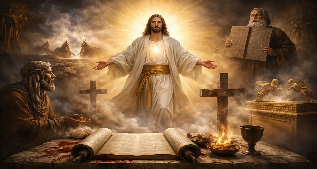 New Testament–inspired image of the risen Christ as High Priest, surrounded by symbols of the New Covenant such as the cross, open scroll, bread, and cup.