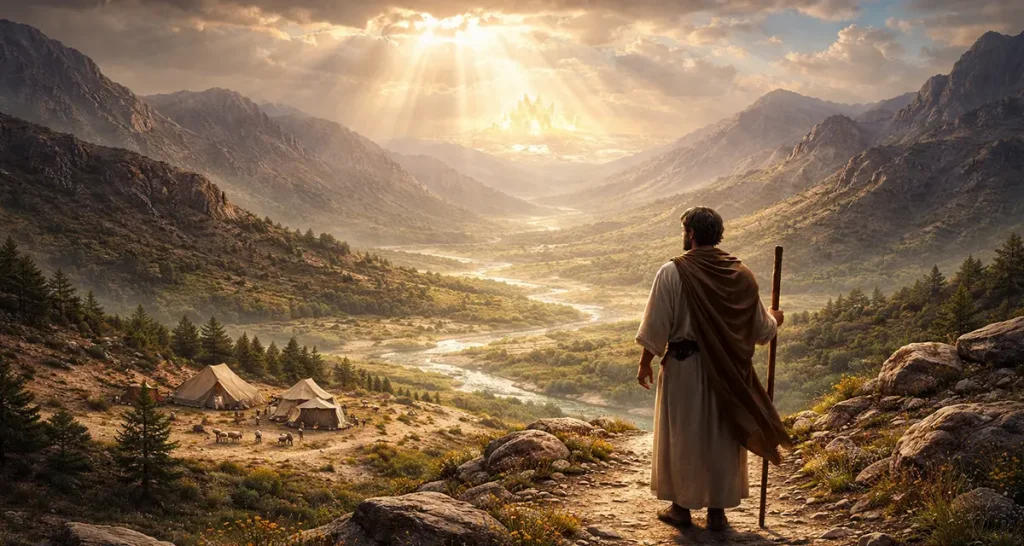 A lone traveler stands on a rocky overlook, gazing toward a distant, radiant city as sunlight breaks through the clouds over a vast valley, symbolizing the Balanced Wilderness Life—pilgrimage, dependence on God, and hopeful anticipation of the true homeland. Tents and sheep rest below in the wilderness landscape, emphasizing the contrast between present journey and future promise.