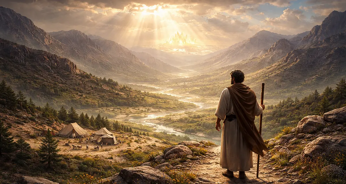 A lone traveler stands on a rocky overlook, gazing toward a distant, radiant city as sunlight breaks through the clouds over a vast valley, symbolizing the Balanced Wilderness Life—pilgrimage, dependence on God, and hopeful anticipation of the true homeland. Tents and sheep rest below in the wilderness landscape, emphasizing the contrast between present journey and future promise.
