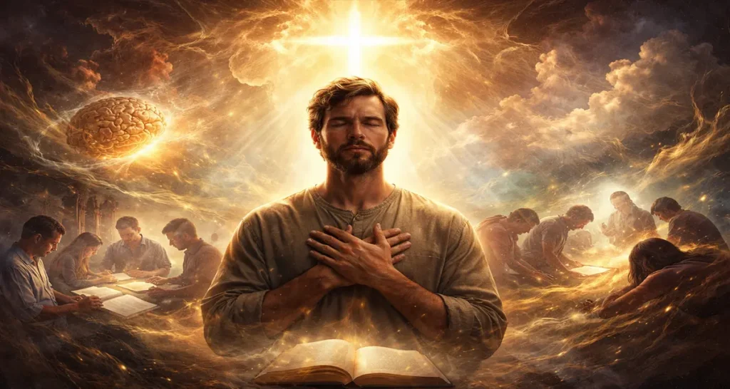 A contemplative man standing with hands over his heart beneath radiant golden light, symbolizing God’s illumination overcoming human confirmation bias, with groups studying Scripture in the background and swirling clouds conveying spiritual transformation.