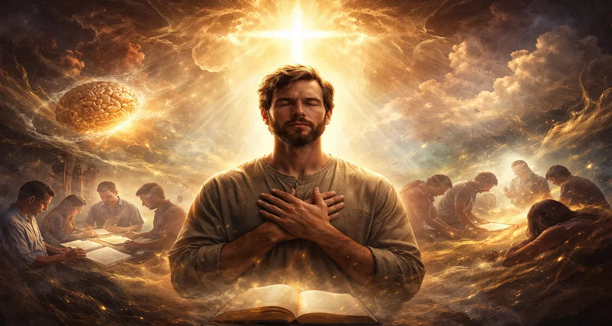 A contemplative man standing with hands over his heart beneath radiant golden light, symbolizing God’s illumination overcoming human confirmation bias, with groups studying Scripture in the background and swirling clouds conveying spiritual transformation.