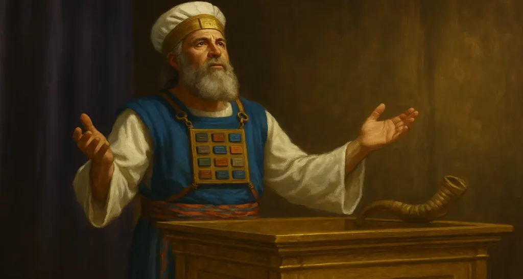 High priest standing before the altar with uplifted hands in solemn devotion, symbolizing consecration, holiness, and reverent fellowship with God.