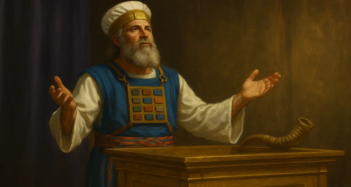 High priest standing before the altar with uplifted hands in solemn devotion, symbolizing consecration, holiness, and reverent fellowship with God.