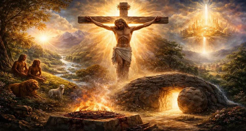 Redemption revealed through the cross at the center of creation, showing Christ uniting fallen humanity with restored life and divine love.