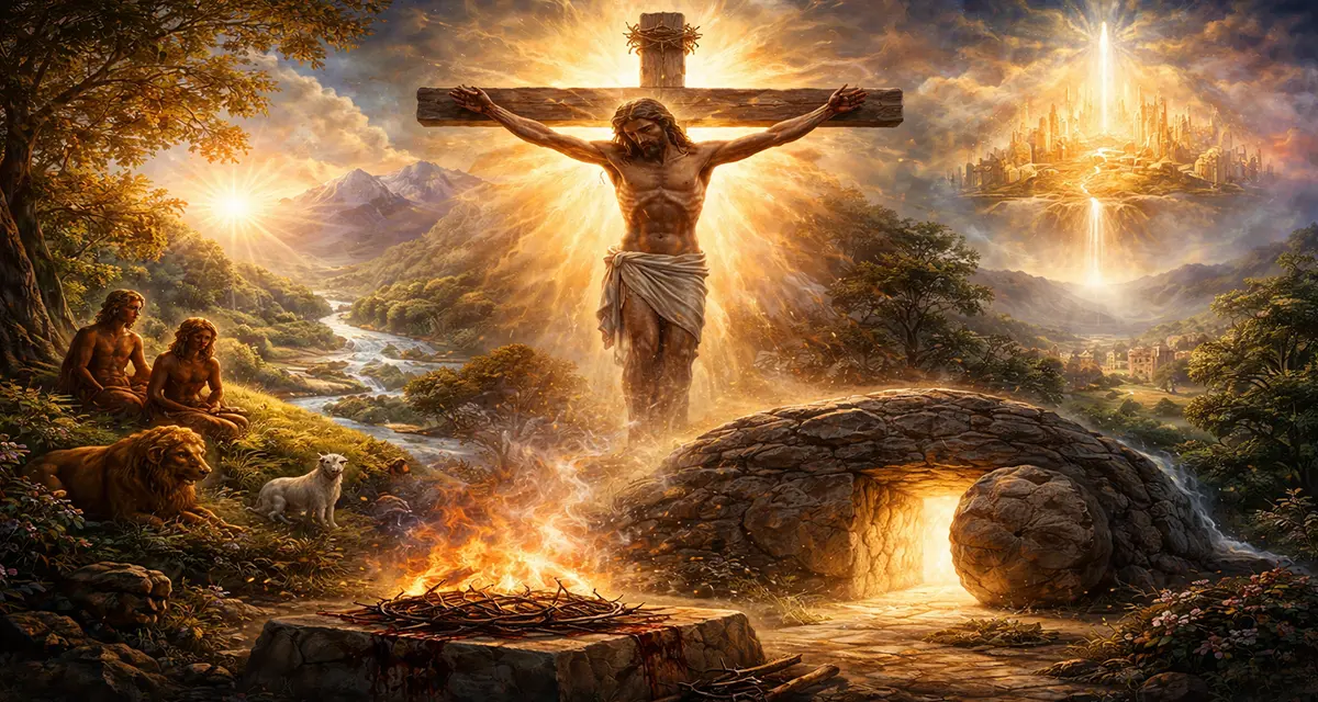 Redemption revealed through the cross at the center of creation, showing Christ uniting fallen humanity with restored life and divine love.